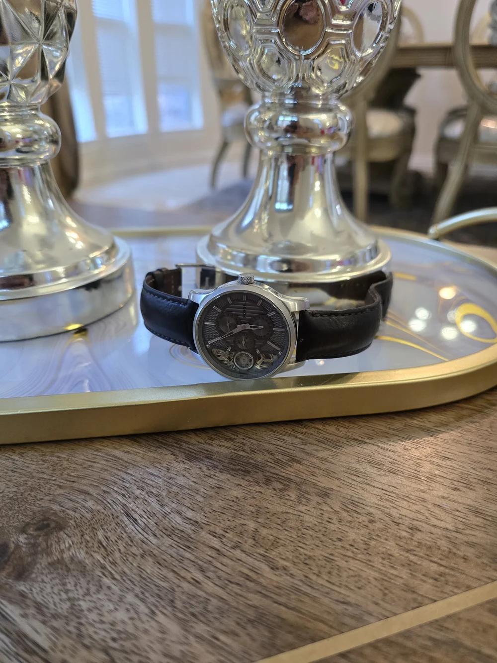 Fossil Men's Silver Dial Skeleton Automatic Watch with Brown Leather Strap